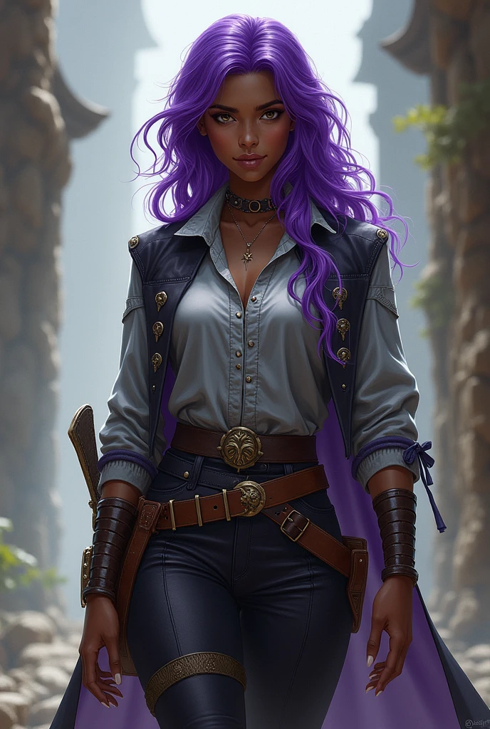animated, fille, purple hair, Belle, archaeologist clothing, royal dagger, seductive