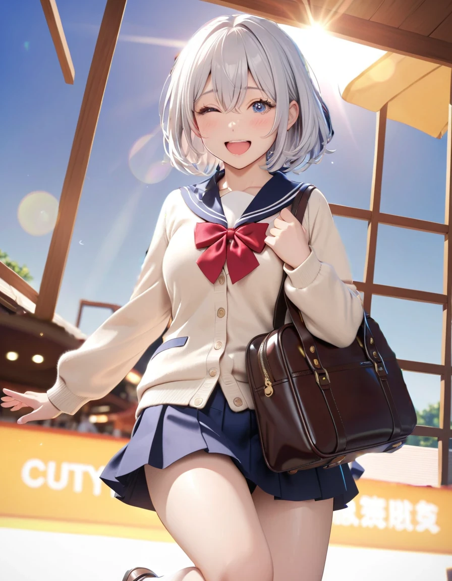 (masterpiece, best quality), one cute girl, the background is (beach), the girl wearing (blazer school uniform), (short silver:1.2) hair ribbons, [[blue eyes]],