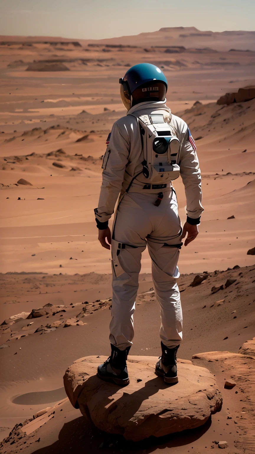 Futuristic rear corner (Science Fiction) photo (fit woman futuristic astronaut standing on rock overlooking Martian valley On Mars), Back to Viewer, Don&#39;t look at the audience, (wearing skintight white and red Science Fiction spacesuit, whole body),  Fitness, (Big Ass), [Wide hips], Rusty Martian terrain, Martian dust scattered in the air, (Mountain:0.8), (lens flare:0.7), (Cross-processing), (Very detailed), (Movie Lighting:1.1), sombras bem definidas, Complex details, Shot with Hasselblad 500, 80mm f2.8 Lenses, Using Cinestill 800T film, Movie Comparison, outdoor, ((On Mars)), Space Exploration, trip, NASA Punk, From the back, SFW