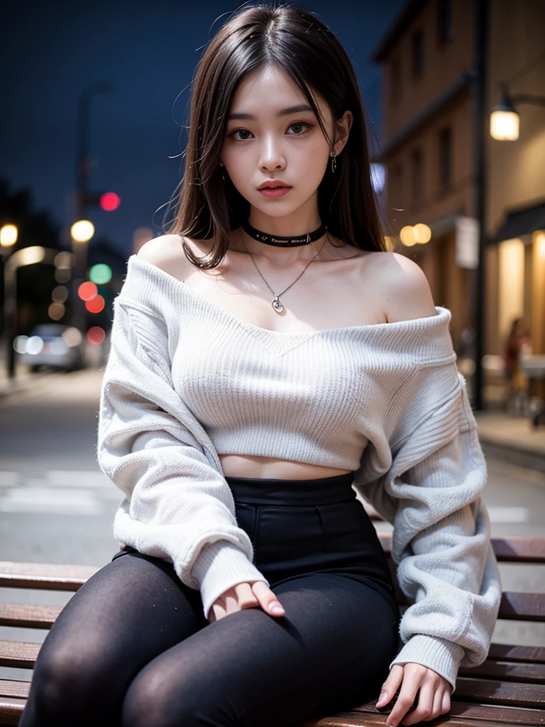 Sitting on a bench at night, snow on the ground, shy, beauty spot on chin, wearing a loose oversized hoodie, off the shoulder, fishnet leggings,  hypebeast fashion,  sexy thighs, side pose, small mole on the chin, blushing, neon lights in the background, detailed background, raining, long sleeves, neck choker with necklace, long necklace, evil look, detailed digital anime art