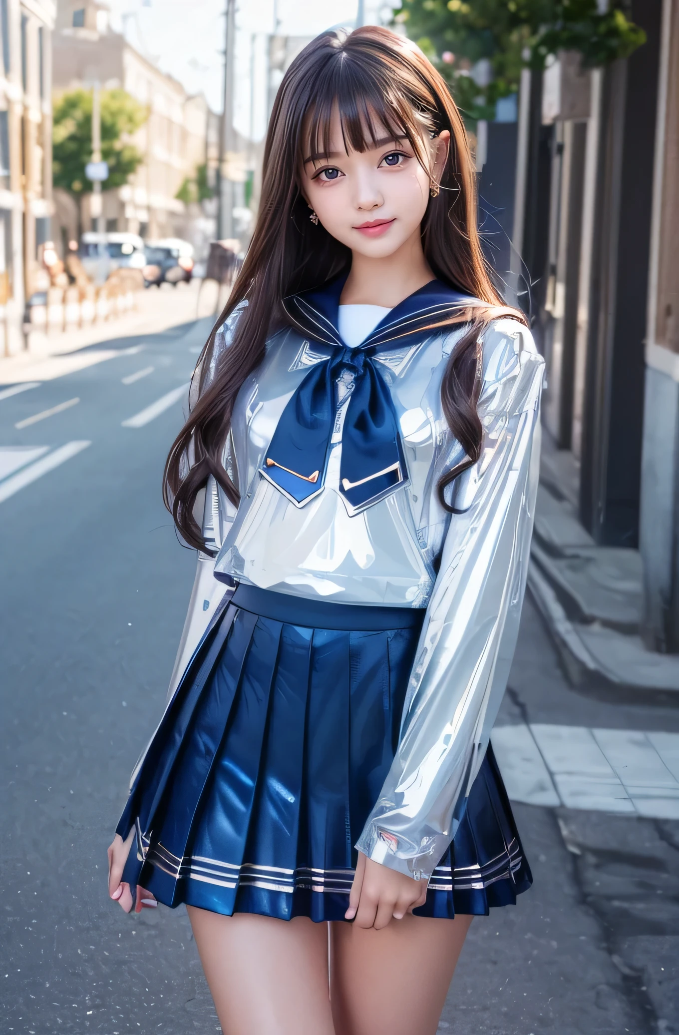 Very beautiful cute girl) (very cute face:1.2),(),(sparking clear attractive large eyes:1.2), Beautiful detailed eyes, Detailed double eyelids, smiling, (realistic photograph:1.1), in the street,
(super shiny metallic dark blue sailor high school uniform:1.5),(super shiny metallic dark blue pleated skirt :1.1),
(brown hair:1.2),professional portrait ,costume with very smooth and strong reflective surfaces 