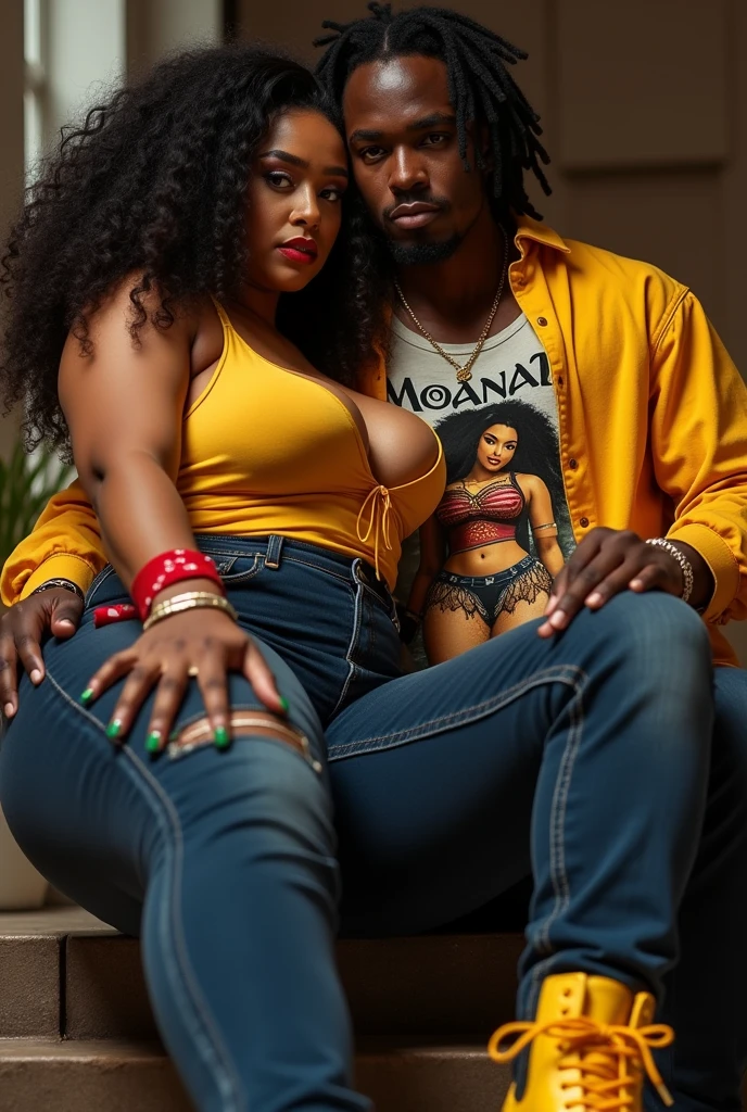 African boy big eyes, thick lips, tattooed hugging latin girl medium copper hair, with glasses, thick lips y rosas, with a tattoo on his chest that says Eduardo, with white shirt bare of the shoulders