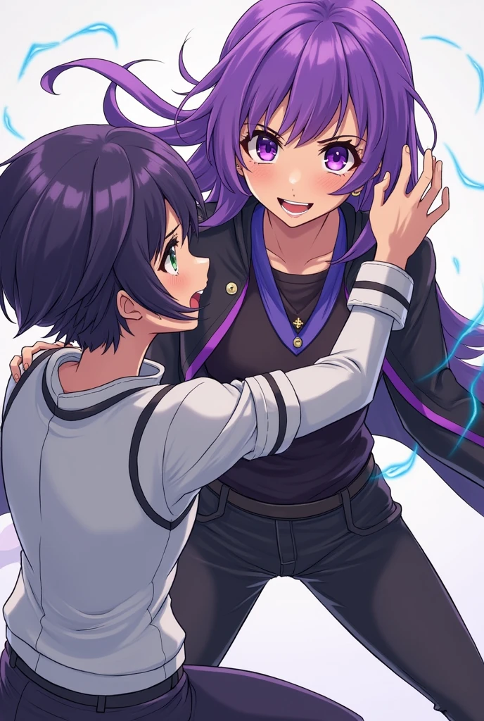 Girl with blue long hair, Amber eyes, Blue school uniform, a red bow on the chest and a gold bracelet, guy purple hair, Blue eyes, black poison glasses, purple school uniform, A guy and a girl holding hands, cute smiling