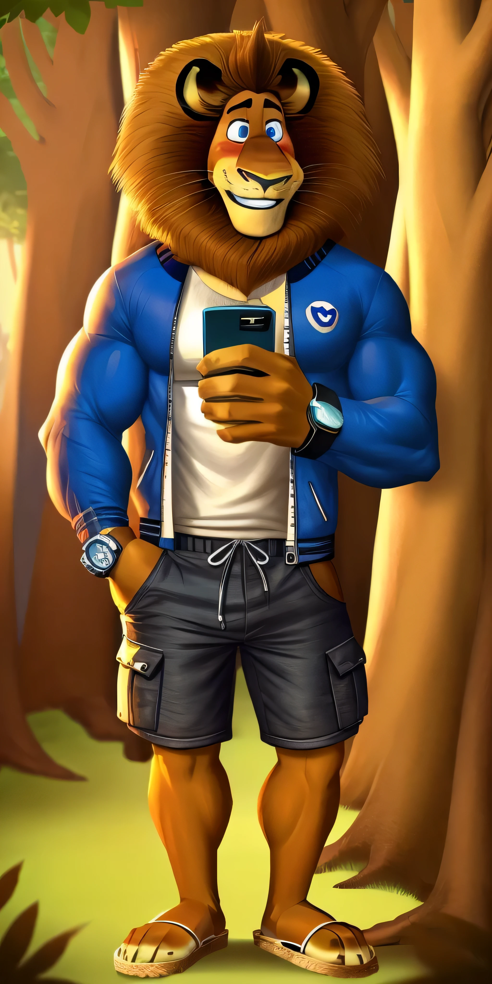 Alex the Lion, muscular body, big biceps, extremely beautiful and cute face, perfectly detailed face, perfectly detailed blue eyes with perfectly detailed pupils, wears white t-shirt, blue varsity jacket with long sleeves, black denim cargo shorts, flip flops sandals, fancy watch on his right wrist, forest background, selfie, gentle look, cute smiling, holding his huge cock with big balls in one hand and masturbate, cumshot, much cum around, blushes