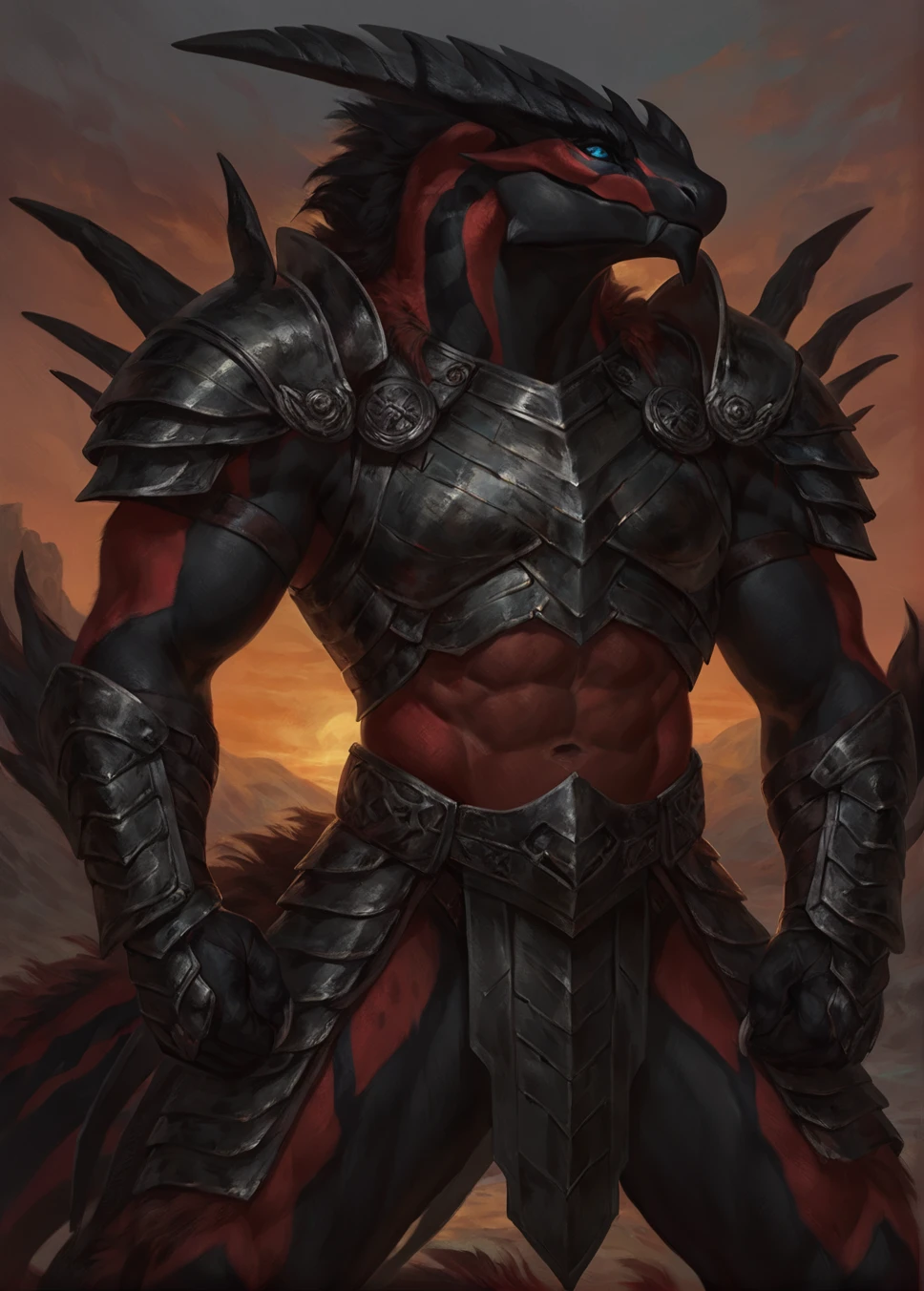 Yveltal warrior, dragonborn, comic book style, illustration, solo, abs, ferocious, male, [[badass pose]], masterpiece, best art, full body, plantigrade, by oouna, by laobai, by taran fiddler, by honovy, armor, detailed eyes, detailed fur, dark armor, detailed tail, masculine body shape, roman, tall, muscular, sunset