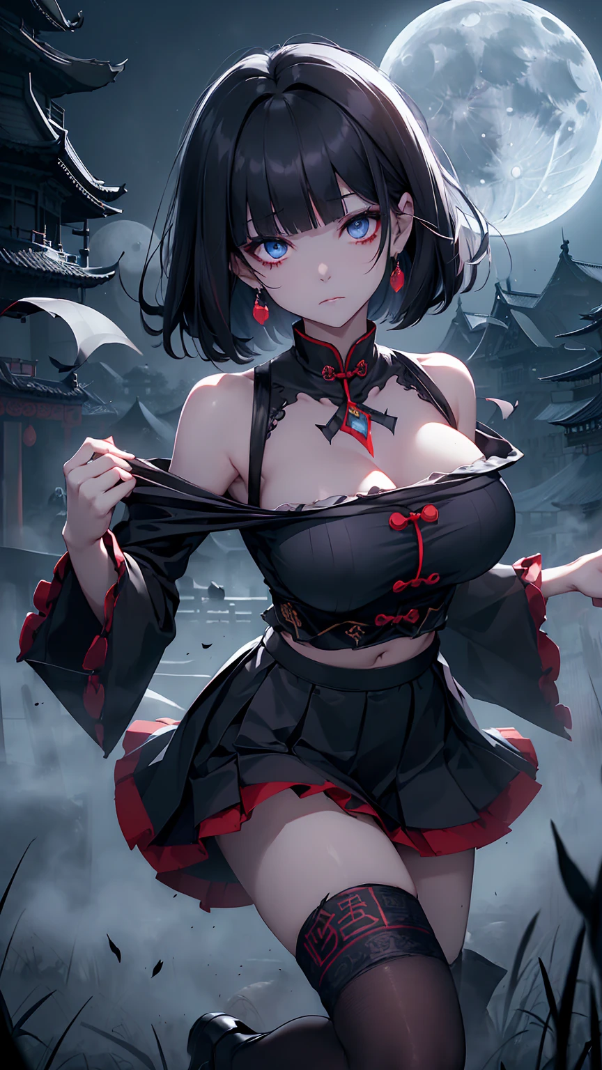 young girl black hair short hair red eyes irreverent face look down thin body thin thighs small breasts small ass toned body blue sky cloud hair blowing in the wind high quality High resolution 8k vampire watercolor natural feel bridge of the nose ((最high quality)), ((masterpiece)), (get used to it), dignified face grassland close up of face Beautiful as a goddess whole face lipstick eye shadow naked ID photo style long eyelashes Accurate No decoration Bare skin No accessories In underwear 8 life size can'I can'I can't see the nipples landscape painting Ryujin