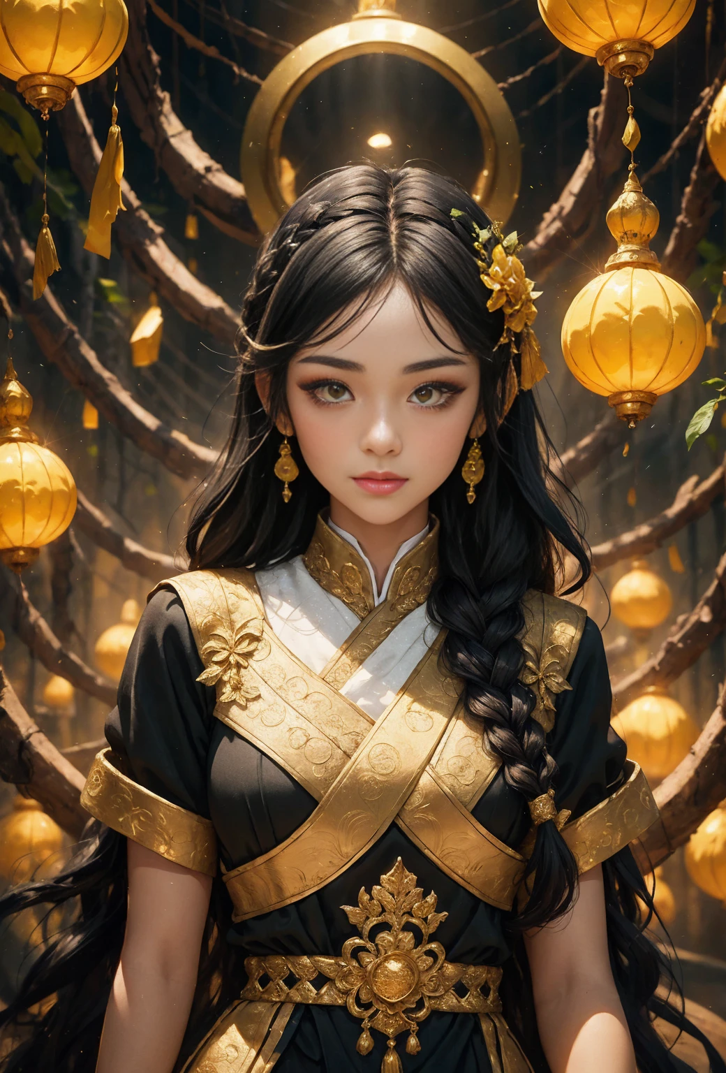 MKSK style, 1 woman, cute thai girl, Idol surrounded by yellow lights, Golden eye shadow, long black braided hair, enlargement, There is no smile, masterpiece, very detailed