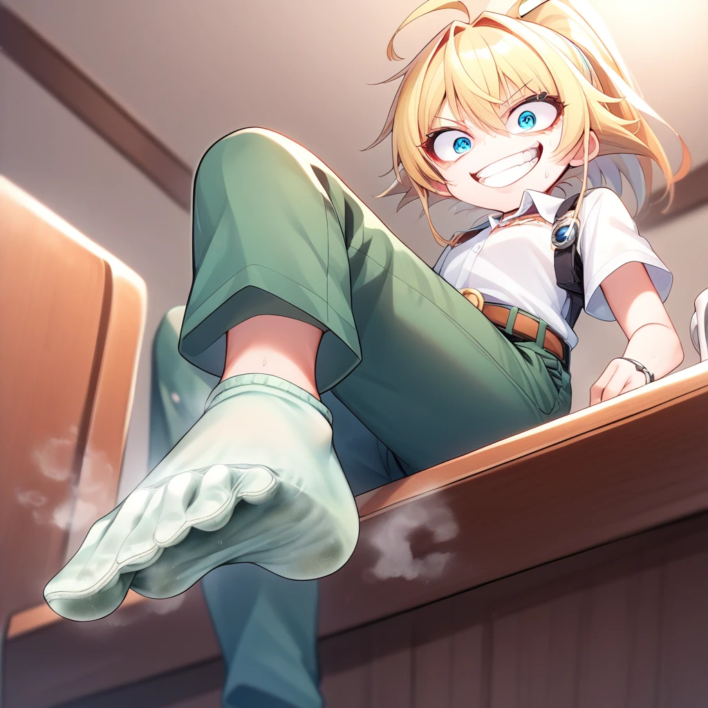 Partial Discharge, Fraction_9, Fraction_8_direction_7_up, source_Japanese cartoons, Financial, 1 girl, blue eyes, Blonde Hair, Ponytail, Ahog, belt, Grin, Crazy face, (Grin:0.7), Green pants, Green cotton socks, Keep, sit, cup, Chair, Keep cup, Mug, Watch from below, darkroom,  Smelly, Smellyy feet, whole body, Steam around feet, Green cotton socks, Sight, smell, Close-up of feet, Smellyy soles of feet,  Five fingers and toes on each foot, Sweat smell, On the sofa , abdomen , Photo below , Cross-legged. First-person perspective