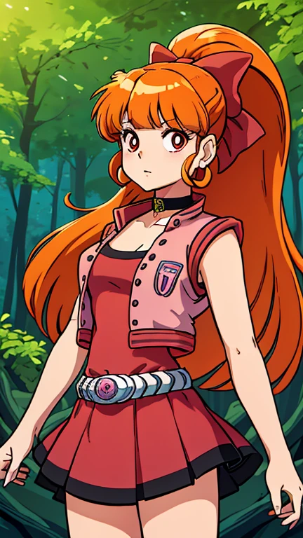 (Teens:1girl: ppgzbs), (extremely detailed CG unit 8k wallpaper),(master part), (best quality), (ultra detail), (best illustration),(digital art), cowboy shot, (Sharp eyeliner, ombre, detailed eyes:1), forest, outdoor, ,break , (takahashi rumiko), upper body, (orange hair, red eyes, long hair, ponytail, hair bow, blunt bangs, earrings, black choker, pink vest, red skirt, belt),