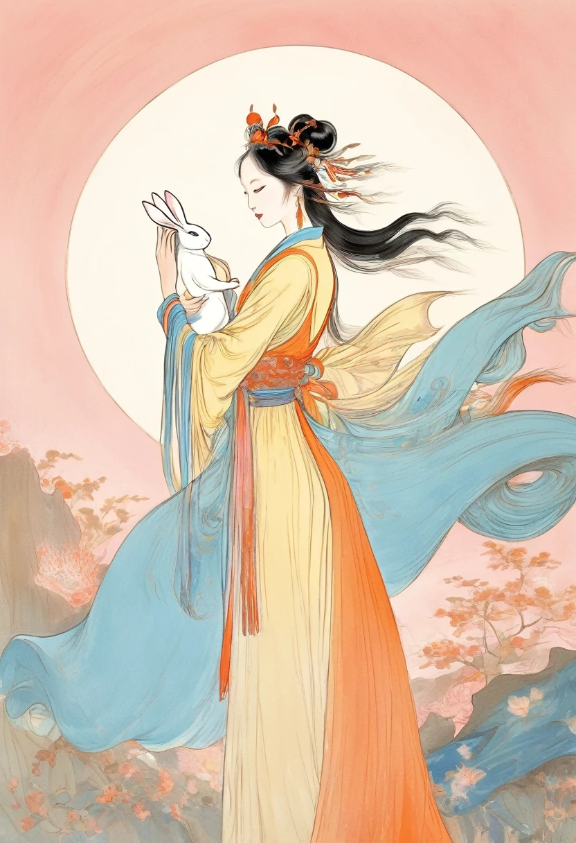 Vector illustration, Flat illustration, A young and beautiful woman with long flowing hair and traditional Chinese clothing, featuring an elegant headdress and carrying a white rabbit in her arms. Her eyes are gentle and charming, and her expression is serene. The background is a decorated moon. Light blue and pink, Vividly depict movement, Bell Stone, carefully designed, Margaret Brasingham, Light gold and orange, National style, illustration, Chinese style，xianxia,tyxx