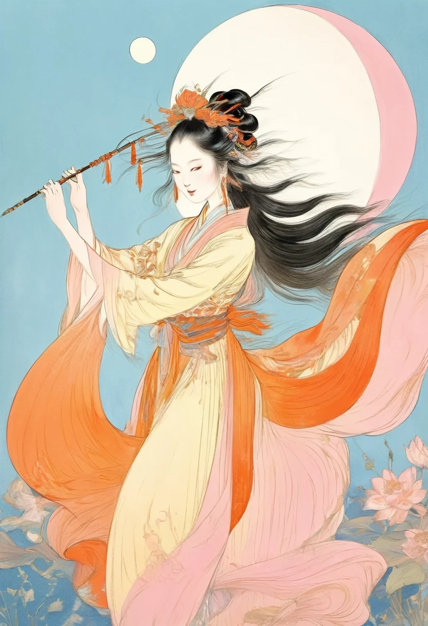 Vector illustration, Flat illustration, A young and beautiful woman with long flowing hair and traditional Chinese clothing, featuring an elegant headdress and carrying a white rabbit in her arms. Her eyes are gentle and charming, and her expression is serene. The background is a decorated moon. Light blue and pink, Vividly depict movement, Bell Stone, carefully designed, Margaret Brasingham, Light gold and orange, National style, illustration, Chinese style，xianxia,tyxx