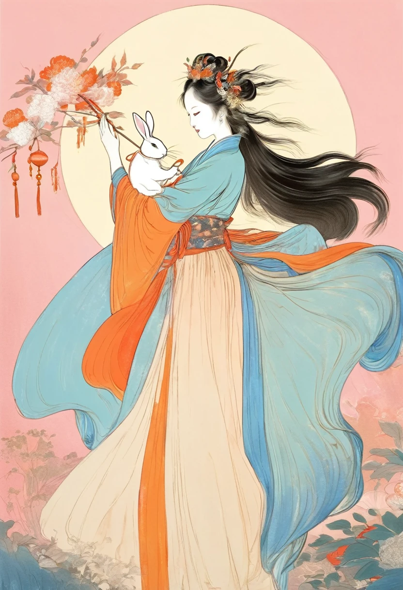 Vector illustration, Flat illustration, A young and beautiful woman with long flowing hair and traditional Chinese clothing, featuring an elegant headdress and carrying a white rabbit in her arms. Her eyes are gentle and charming, and her expression is serene. The background is a decorated moon. Light blue and pink, Vividly depict movement, Bell Stone, carefully designed, Margaret Brasingham, Light gold and orange, National style, illustration, Chinese style，xianxia,tyxx