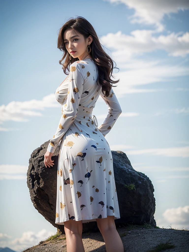 ((standing gracefully with her back to the top of the mountain_with blue sky and white clouds，rays of sunshine:1.2)),read chira、whole body、field, best quality, Realistic, super detailed, down to the last detail, High resolution, 4k wallpaper, Beautiful woman,, lperfect dynamic composition, beautiful and delicate eyes, delicate hair, Round face model body type、mini skirt、drooping eyes,shy smile,in woods,(((abstract white print dress_long sleeve＿wrap dress:1.3)))((No expression:1.3)),((Hair with loose waves inside:1.2)),((Super long brown hair:1.2))((gold necklace＿Large earrings:1.2)),((big breasts))