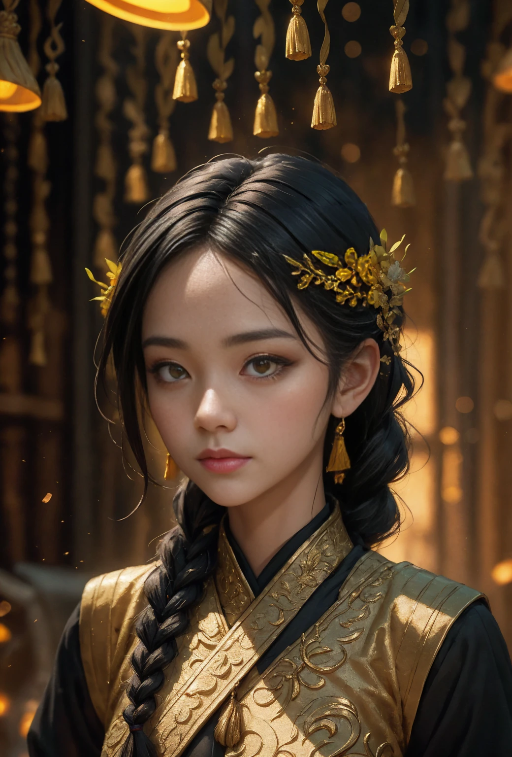 Ultra HD 8K, 16K, realistic photo, cinematic, masterpiece, MKSK style, 1 woman, cute thai girl, Idol surrounded by yellow lights, Golden eye shadow, long black braided hair, enlargement, There is no smile, masterpiece, very detailed