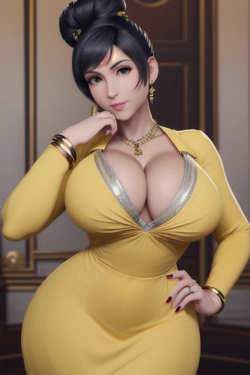 Tifa lockhart, implanted Big breast, ((long sleeve thin yellow  dress that show body curve with a cleavage)),Game,1girl,Jewel ring,Gold chained round shape necklace,Hoopa earring,Bracelet,Big cleavage,topknot hair bun,((Beehive Bun style)) ,black hair,Curvy figure,Unnatural big breast,Cleavage,black color long nail,Swaying hip,Head to waist view,Sculpted calves figure,Thick tights,Wide hips,very big cleavage,Enchanced big breast,((Diamond wedding ring)),Aristoticat ring, Detailed eyes,Busty,don corneo mansion,Madam tifa,View from front,dangerous cleavage,semi sweetheart cleavage,Solo,looking at you,Dignified expression,Show off cleavage,detailed hands,Detailed eyes,Gaze on viewer,Curvy figure,hand in hip pose,Dangerous cleavage,High quality,((black hair)),diamond wedding ring,Extravagant rings,Bare neck,Fully tied hair,symetrical blunt bang hair,Round arloji necklace