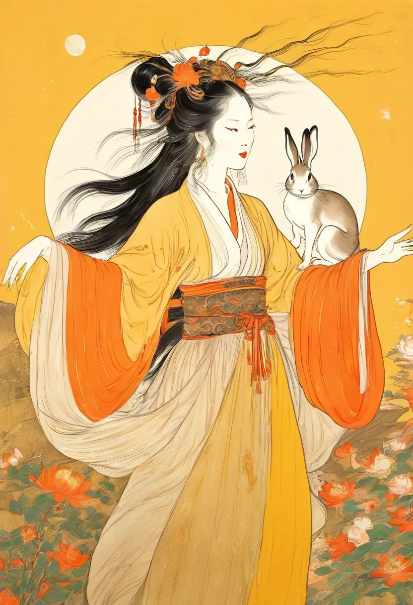 Vector illustration, Flat illustration, A young and beautiful woman with long flowing hair and traditional Chinese clothing, featuring an elegant headdress and carrying a white rabbit in her arms. Her eyes are gentle and charming, and her expression is serene. The background is a decorated moon. in style of yellow and black. Vividly depict movement, Bell Stone, carefully designed, Margaret Brasingham, Light gold and orange, National style, illustration, Chinese style，xianxia,tyxx