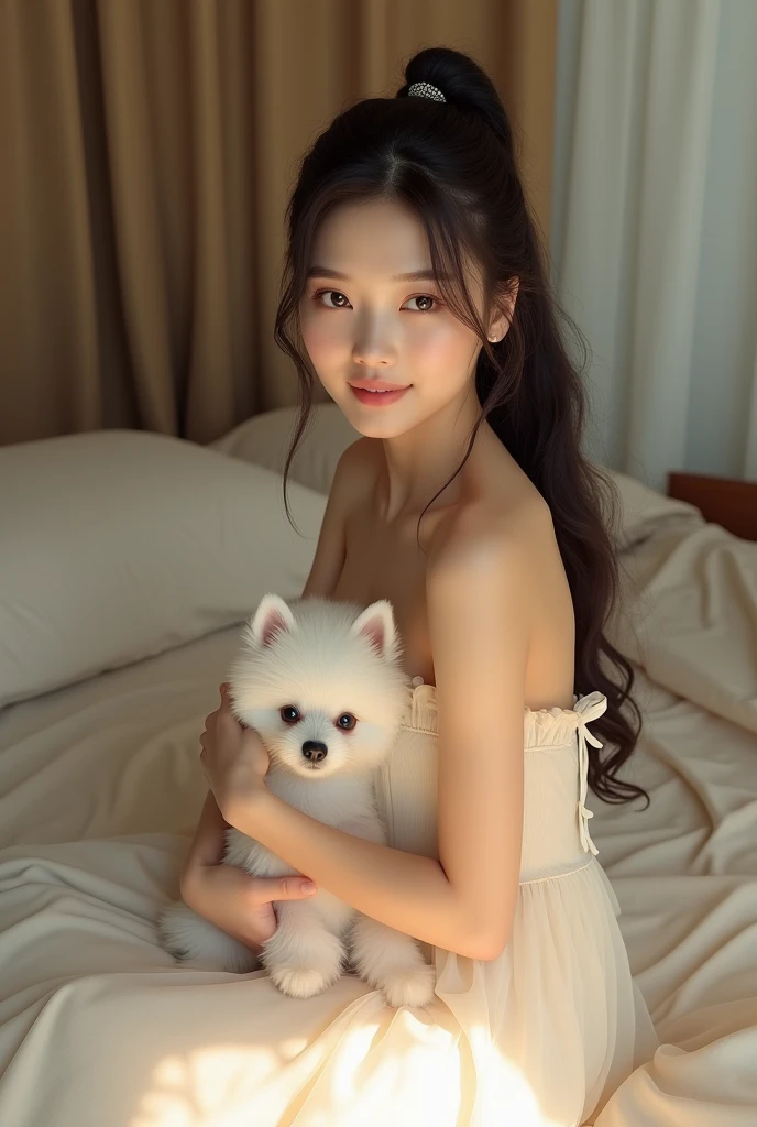 masterpiece,small bust, realistic,detailed eyes and lips, beautiful hair, delicate features, soft and innocent look, wearing a dress, bask in the warm sunshine, Enjoy the breeze,Create a warm and cozy atmosphere、An ennui look、rosy cheeks、 thighs thighs、on the bed in the bedroom、