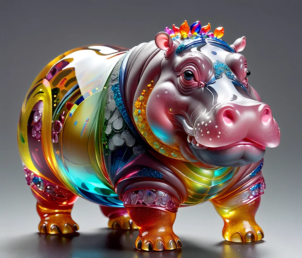 gl4ssj3m, (cute, chubby, male, hippo), transparent glass sculpture, vibrant colors, done by artists such as Ruan Jia, highly detailed, intricate details, best quality, masterpiece, by Ruan Jia, depth of field, (((grey background))), detailxl