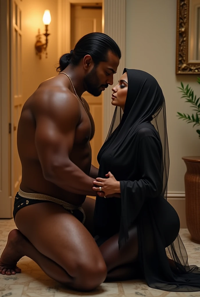 Pale skin kurdish woman in black straight tight tied hijab nude shoulder nude arm breasts necklace bracelet kissing of a black man in luxury room hands fixed arms fixed consistent love embracing 