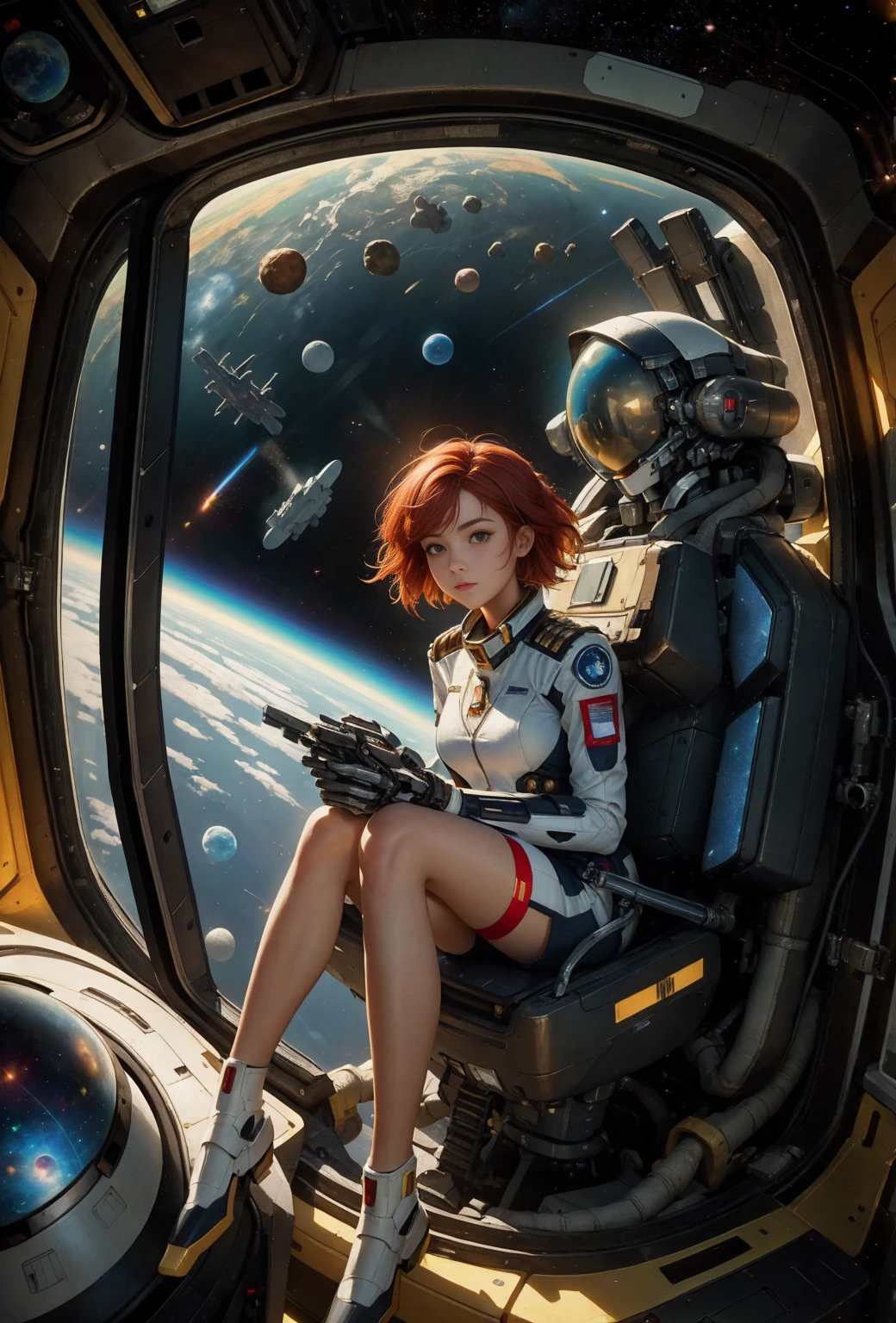 absurd solution, high resolution, (masterpiece: 1.4), hyper detail, ung woman, short red hair, pilot suit, rich princess, Sitting in an extremely narrow and closed mecha cockpit, looking out the window, The window is the universe. Space can see the blue planet (1.5), The expression is exciting, The Mecha cockpit is in space