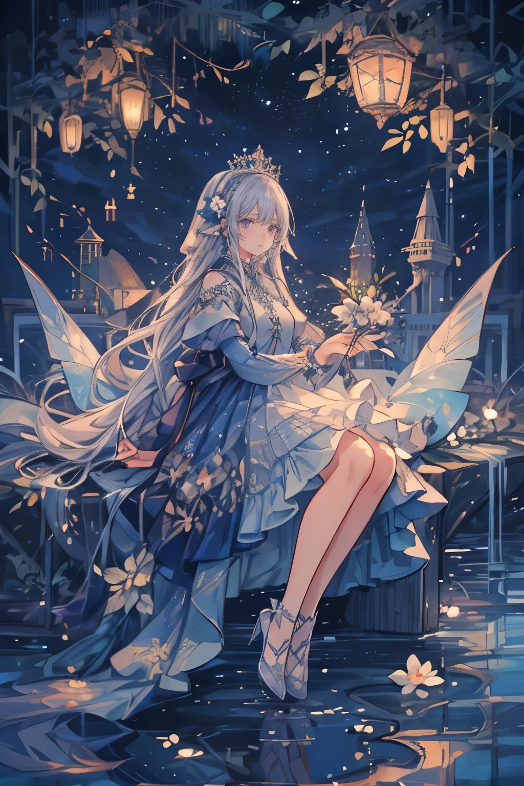 (Mastepiece), (Best Quality), Very detailed, 1 girl, (Full body solo shot:1.5), Perfect Face, beautiful girl, Very detailedな顔，(Blue Princess Dress:1.4)、(Long white hair:1.5)，(blue eyes:1.4)，(Princess:1.4)、(White flower:1.4)、(Blue Butterfly々:1.3)、(Castle:1.3)、moonlight、流れstar、(night、star空、White Moon:1.4)、star々、moonlight