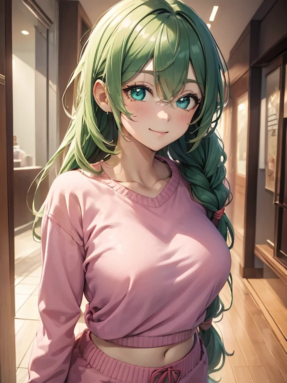 (masterpiece, best quality:1.4), 8k, Salmon Hair, Messy Braided hair, Young adult, anime girl, smile, teasing, light Green Eyes, big chest, in the Mall, pink cropped Sweater, pink sweatpants, Pink (detailed eyes and face, sharp pupils, realistic pupils:0.6)