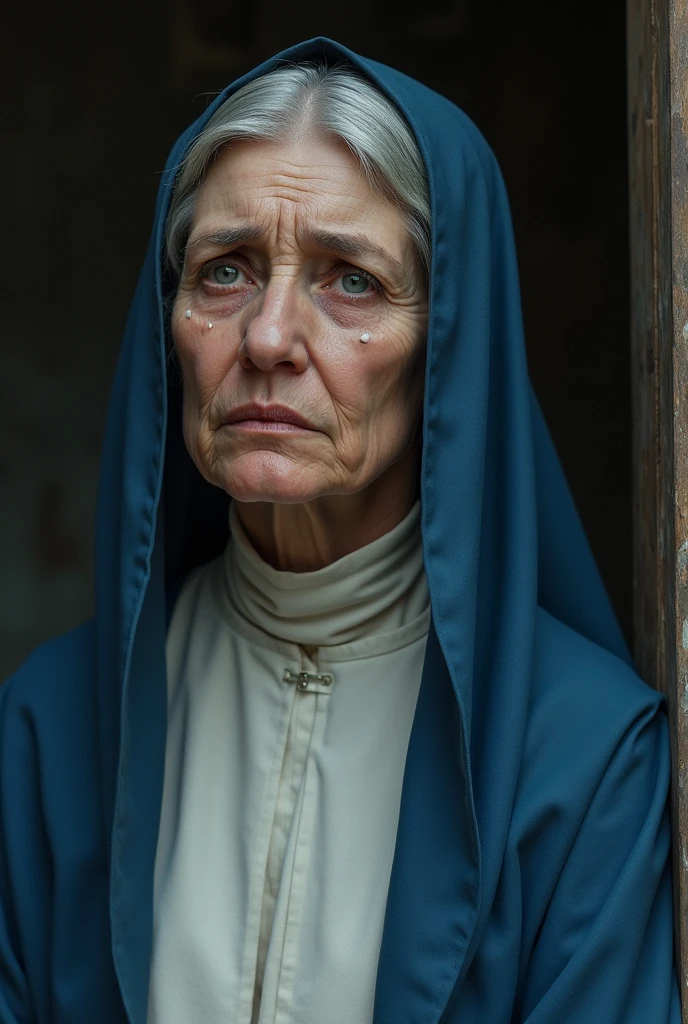 Create a close-up image of A old grandmother vomiting on jesus christ dress