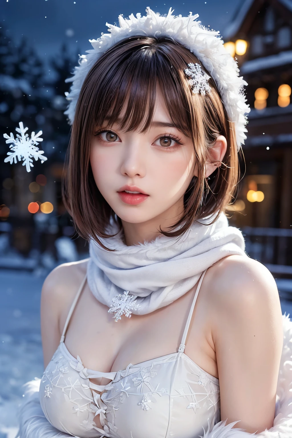 () ,girl、(brown mickey ears headband)。(Random Nudes)，Exhibitionism，((Random exposure of genitals))。　Beautiful areola。Small breasts. Thin Hair。(On a snow-covered mountain). Detailed and complex background。((Brown Hair))。(Round face). ((Short Bob Hair)).  Heavy bangs. Idol&#39;s face. Open your mouth, Showing off the inside of my mouth.tongue. Finger licking pose