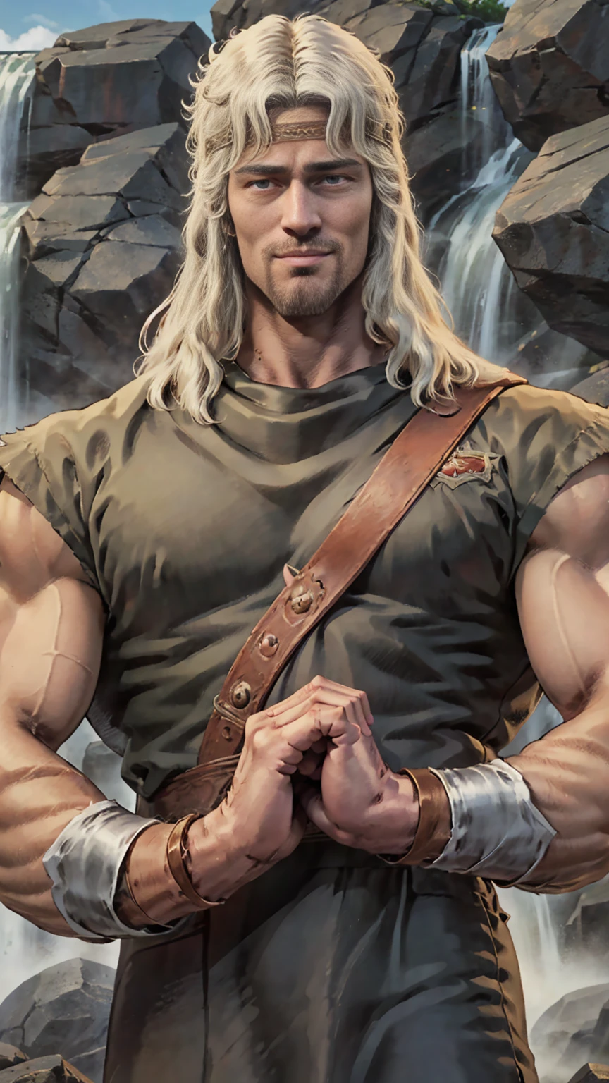 8k images、Realistic、Fist of the North Star Toki(:1.5)、Gentle smile、Front facing、In front of a huge waterfall、White Hair、Give a fist salute、The cheeks are thin、Sickly、Wide open eyes、Iris、Put your right fist and left hand together