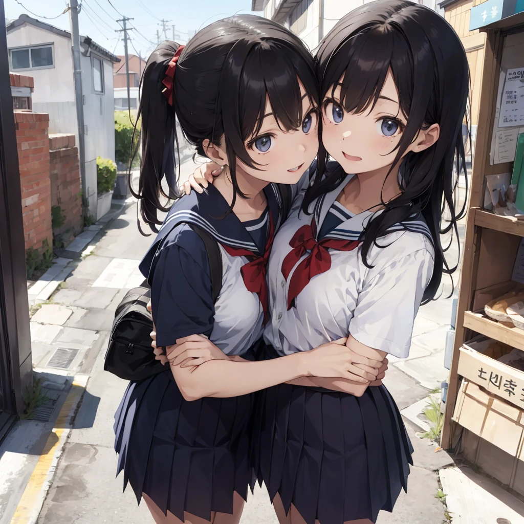 One couple. School uniform. South Korean . Hugging each other