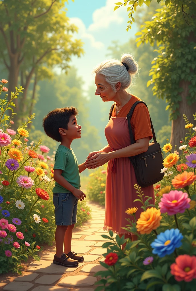 boy collect herbs with her old grandmother in jungle