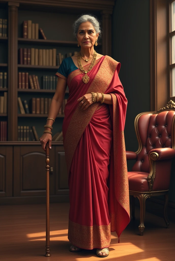 Strict indian headmistress Wearing saree and heels holding a stick in her hand