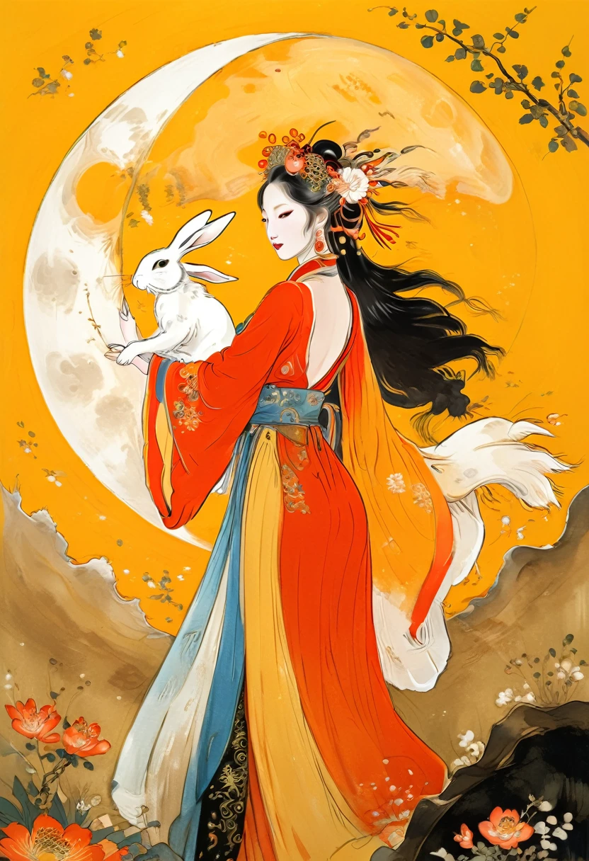 Vector illustration, Flat illustration, A young and beautiful woman with long flowing hair and traditional Chinese clothing, featuring an elegant headdress and carrying a white rabbit in her arms. Her eyes are gentle and charming, and her expression is serene. The background is a decorated moon. in style of yellow and black. Vividly depict movement, Bell Stone, carefully designed, Margaret Brasingham, Light gold and orange, National style, illustration, Chinese style，xianxia,tyxx