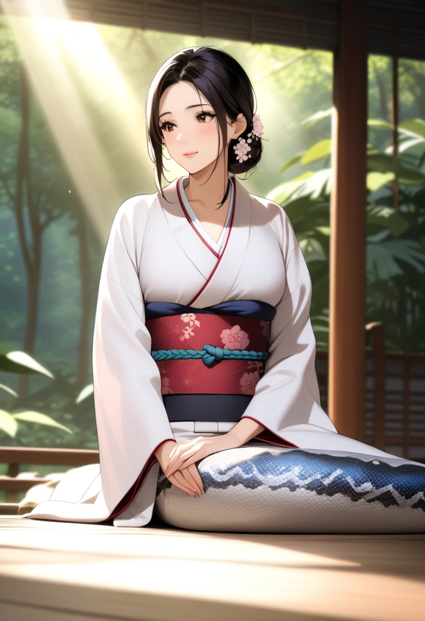 Warm feelings，Hollywood Quality，Cinematic Light，Shadows in the movie，Python wrapped around a beautiful woman，Beautiful woman wearing kimono，The Beauty of Japan，Rainforest Background，Blur the background，masterpiece