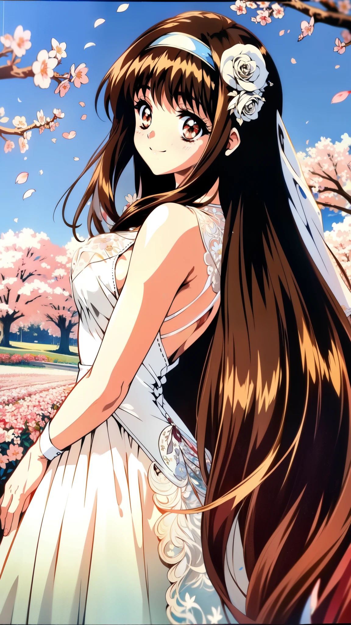 Flower field with blue sky and cherry blossoms in full bloom