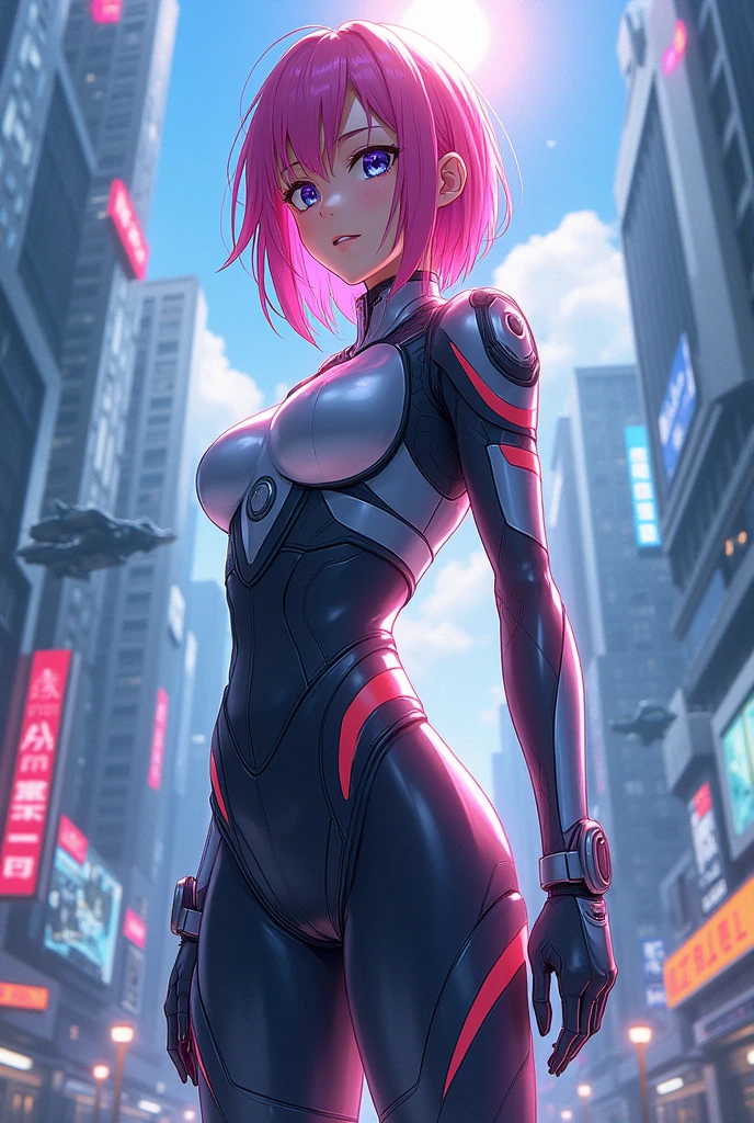 ((masterpiece)), ((best quality)), perfect detailed eyes, perfect detailed face, light blue hair, hair over shoulder, (pink bodysuit), armed shoulders, armed arms, sci-fi movie warrior, shiny costume, Cute girl, detailed face, fine details, diffused reflection of light behind, It's raining, kneeling in the rain