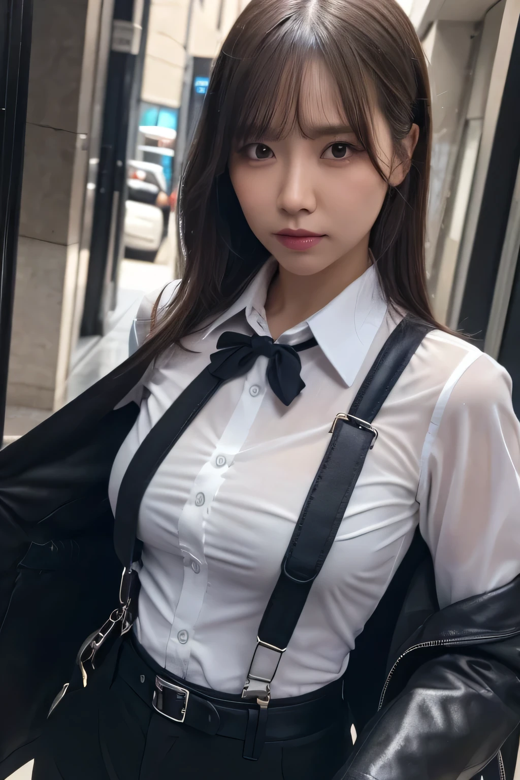 a woman in a suit, belt, hands behind back, sweating, suspenders, black pants, sexly, large breasts, see-through clothing, rain, detective, office worker, white button-up shirt, (best quality,4K,8k,highres,masterpiece:1.2),ultra-detailed,(realistic,photorealistic,photo-realistic:1.37),hyper-detailed,highly detailed face and body, Slender thin suspenders Moderate breasts See-through shirt Nipples holster chain Pistol Armament criminal Female criminal knife