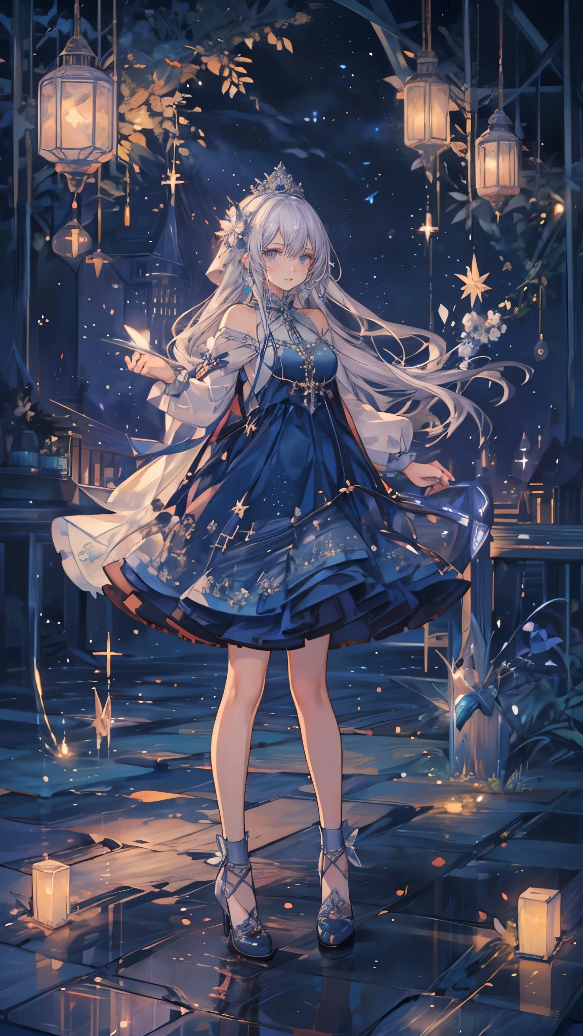 (Mastepiece), (Best Quality), Very detailed, 1 girl, (Full body solo shot:1.5), Perfect Face, beautiful girl, Very detailedな顔，(Blue Princess Dress:1.4)、(Long white hair:1.5)，(blue eyes:1.4)，(Princess:1.4)、(White flower:1.4)、(Blue Butterfly々:1.3)、(Castle:1.3)、moonlight、流れstar、(night、star空、White Moon:1.4)、star々、moonlight、Sparkling