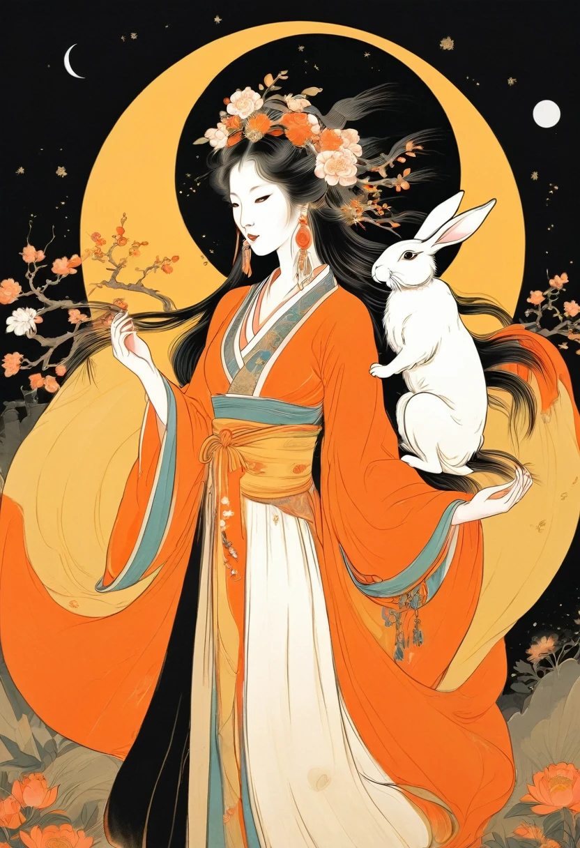 Vector illustration, anatomical correct，Flat illustration, A young and beautiful woman with long flowing hair and traditional Chinese clothing, featuring an elegant headdress and carrying a white rabbit in her arms. Her eyes are gentle and charming, and her expression is serene. The background is a decorated moon. in style of yellow and black. Vividly depict movement, Bell Stone, carefully designed, Margaret Brasingham, Light gold and orange, National style, illustration, Chinese style，xianxia,tyxx,