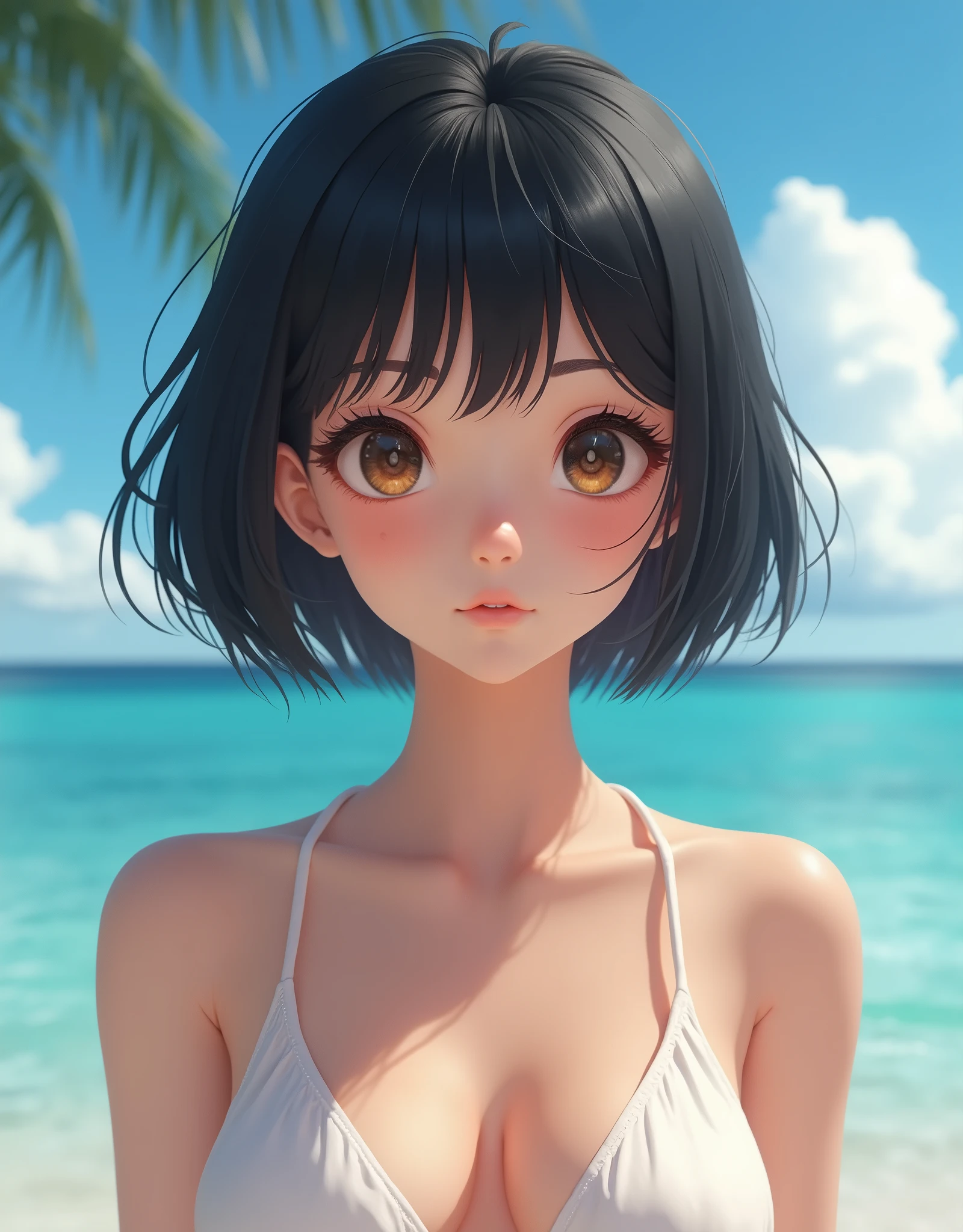 One Girl,(1人のとてもcute:1.3),masterpiece,Highest quality,High resolution,From below,Low - Angle,Photorealistic,RAW Photos,Ray Tracing,Physically Based Rendering,beautiful girl,(:1.3),cute,Big eyes,(detailed pupils:1.2),(The face is facing straight ahead:1.3),Body facing forward,Beautiful nose,High nose,Upturned nose,Fuller lips,Short black hair,ponytail,short hair,Detailed eyelashes,Thin eyebrows,Very fine grain definition,(Symmetrical eyes,Golden Ratio:1.3),(Face close-up,Face Focus:1.0),Small breasts,Short neck,White swimsuit,White Bikini,Ocean,Southern Island,Blue sky,White cloud,Portrait,View Viewer,Upper Body,Cinema Lighting,High resolution,Very detailed