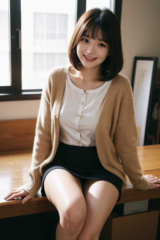 Masterpiece, photo quality, (high resolution photo: 1.4), Japanese woman, Cardigan, cotton tight skirt, beautiful thighs with skin tone, bob hair, smile, droopy eyes, gentle eyes, bangs, office, perfect lighting,