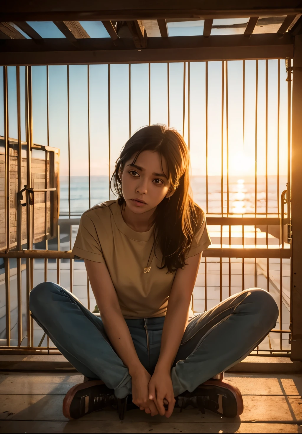 Inside cage view, woman slave sitting and lean on cage bars, her eye view outside of cage, golden hours, sillhoutes of carge bars on the woman slave, she has determined eye, cool, dirty, thethered clothes, grease amd oily skins, tiredness. 