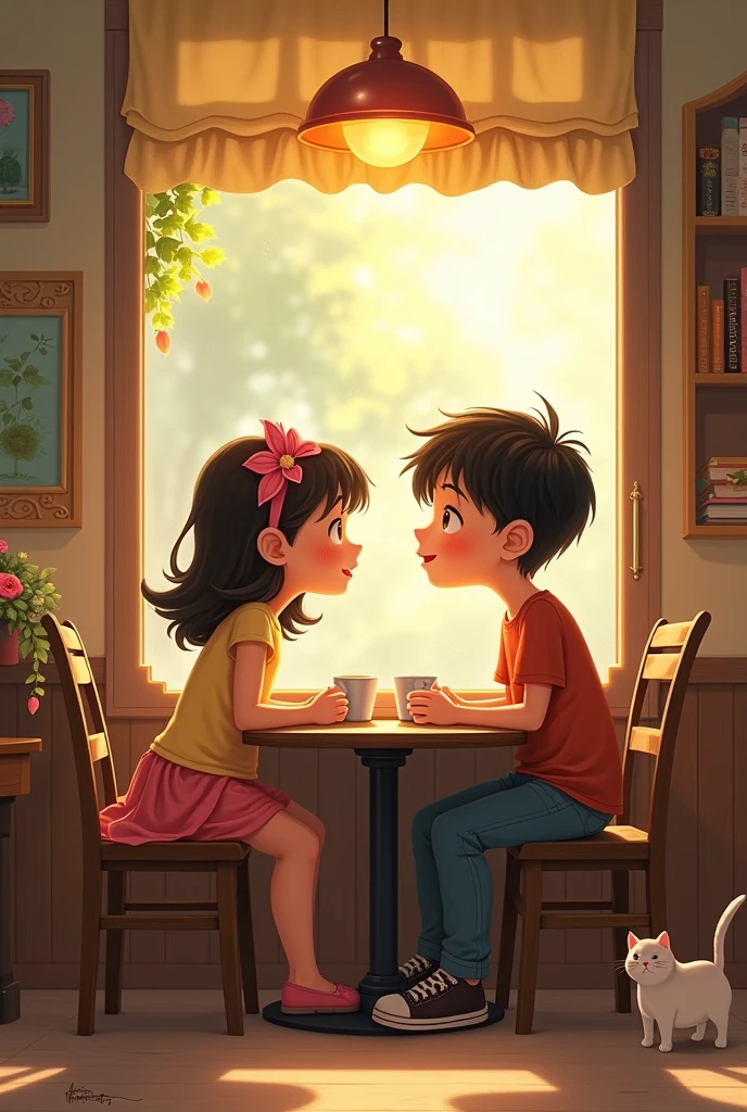 A cute girl and his boy friend siting on a chair with cofee cup on a table baground windo open glass out side beautifull gerdent followers and bird fling butterfly were fly