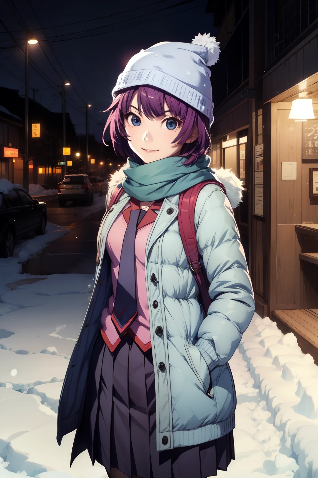 masterpiece、Highest quality、High resolution、Detailed face、hitagisenjougahara, short hair, medium breasts, beanie, school uniform, necktie, scarf, blue scarf, coat, winter clothes, naoetsu high school uniform, skirt, pleated skirt, black thighhighs, zettai ryouiki、steam:1.1,Anime Coloring、night、winter、snow、Dim lighting、1 girl、solo、Staring at the audience、smile、short hair、Medium Bust、Hitagi Senjougahara、Beanie、school uniform、Purple Hair、(The background is empty)