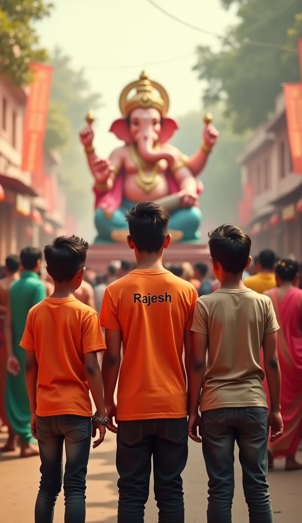 A young boy wearing an orange t-shirt with 'ANKIT' written on it, walking hand in hand with a majestic and traditional Hindu deity, Lord Ganesha. The boy is smiling, looking content and happy. Lord Ganesha is depicted in his traditional form with an elephant head, holding a trident and blessing the boy. They are walking together on a modern city street with houses and trees in the background. The scene is bright and colorful, capturing a blend of tradition and modernity.