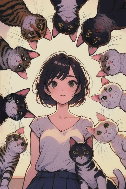 (masterpiece, Highest quality), One girl,    Surrounded by cats,