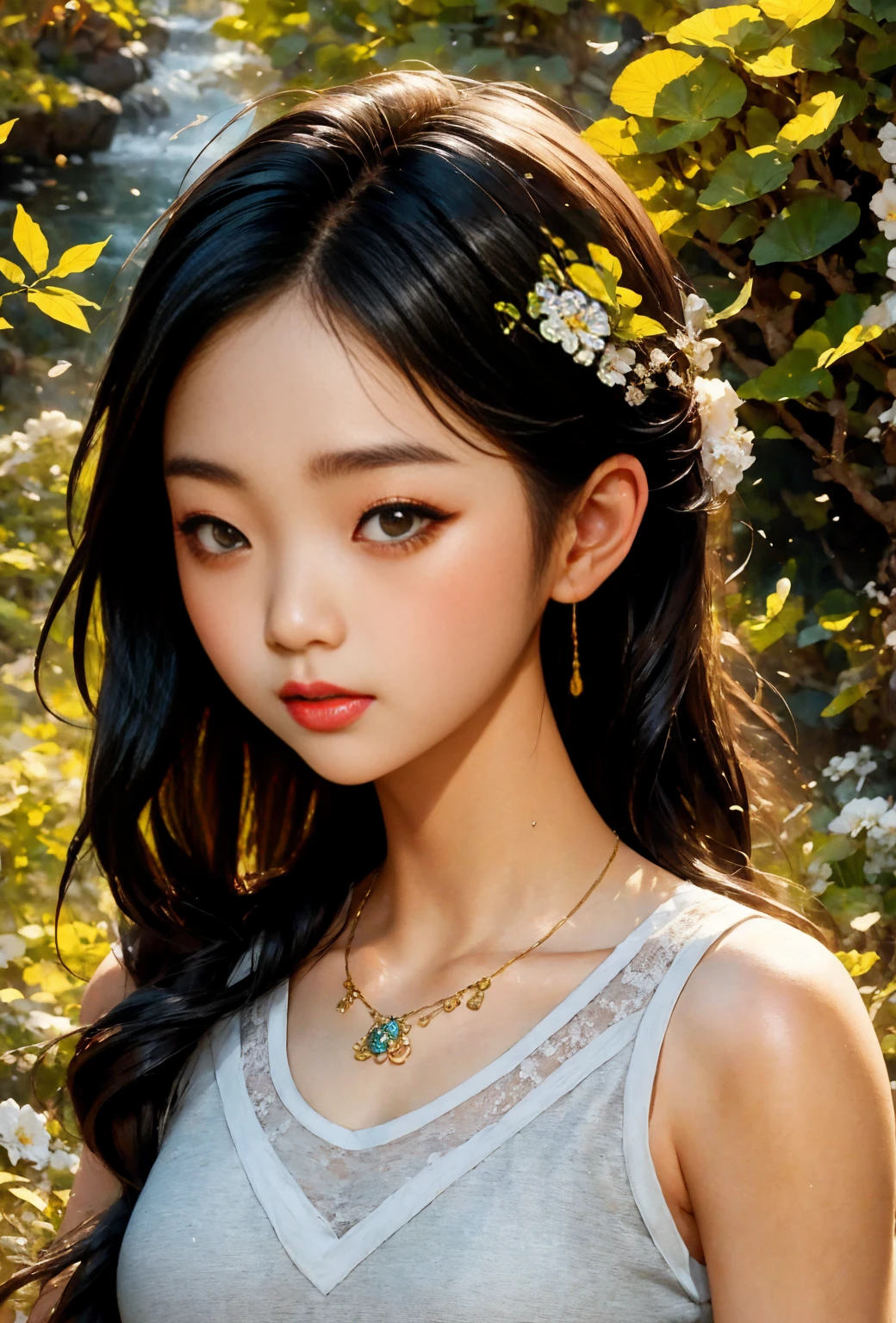 Araped Asian woman wearing necklace and gray tank top, beautiful young korean woman, gorgeous young korean girl, beautiful south korean girl, korean girl, Young and lovely Korean face, Portraits of Korean female idols, young asian girl, beautiful asian girl, young cute white asian face