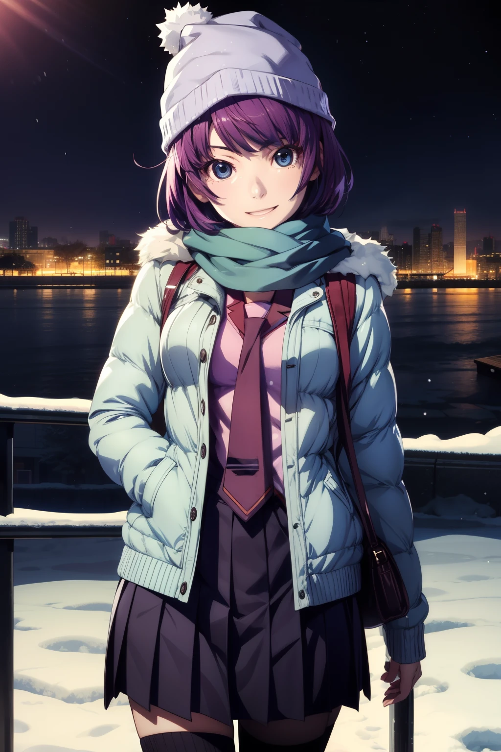 masterpiece、Highest quality、High resolution、Detailed face、hitagisenjougahara, short hair, medium breasts, beanie, school uniform, necktie, scarf, blue scarf, coat, winter clothes, naoetsu high school uniform, skirt, pleated skirt, black thighhighs, zettai ryouiki、((steam:1.1,))Anime Coloring、night、winter、snow、Dim lighting、1 girl、solo、Staring at the audience、smile、short hair、Medium Bust、Hitagi Senjougahara、Beanie、school uniform、Purple Hair、(The background is empty)