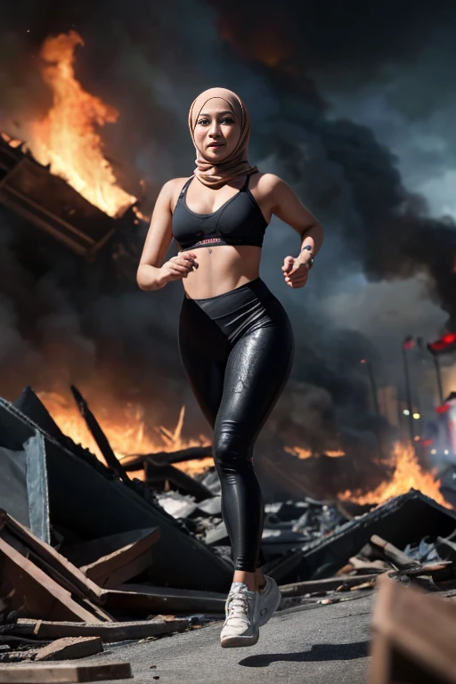 The heroine of the movie "GODZILLA Godzilla". A malay woman in hijab desperately fleeing from Godzilla in a devastated Los Angeles, hijab disheveled, white plain tshirt stained, white leggings torn, running through rubble. Crumbling buildings, burning flames, white skin, smooth skin, stunningly beautiful face, detail, photorealistic, 8K.