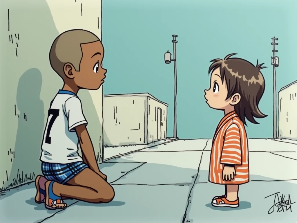 1980s retro hand drawn ink. A small black boy named Greg Burke kneeling on concrete with short close crop shaved hair, in an all-white number seven sports jersey, loose-fitting plaid cotton boxers shorts and a Japanese small girl named Ikari Yu with medium length brown hair wearing an orange stripe kimono.